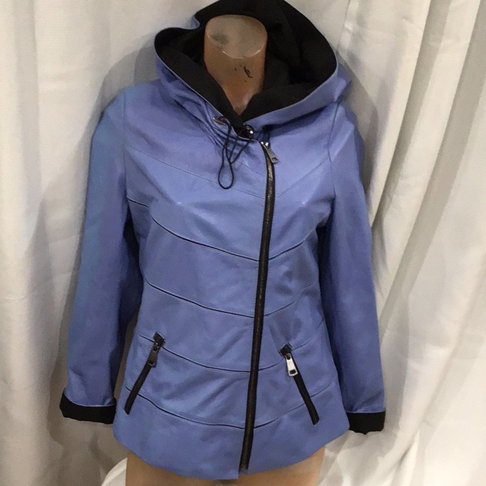 Black Diamond Women's Light Blue Hooded leather Jacket